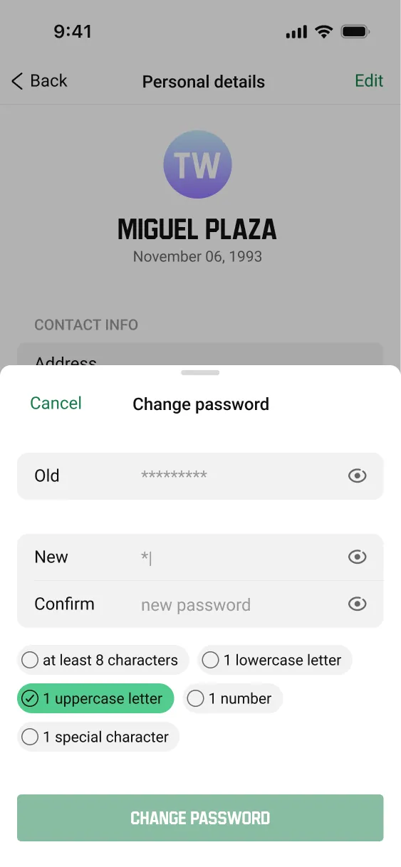 Unibet change password flow screen