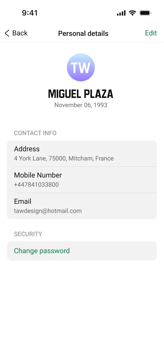 Unibet personal details view screen